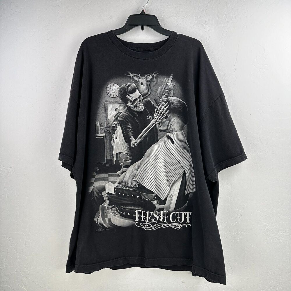 Fresh Cut Tshirt Mens 4XL Black White Barber Skeleton Tattoo Latino‎ Streetwear